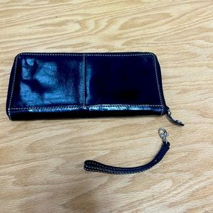 Fossil Black Leather Full Zip Passport Wristlet Wallet